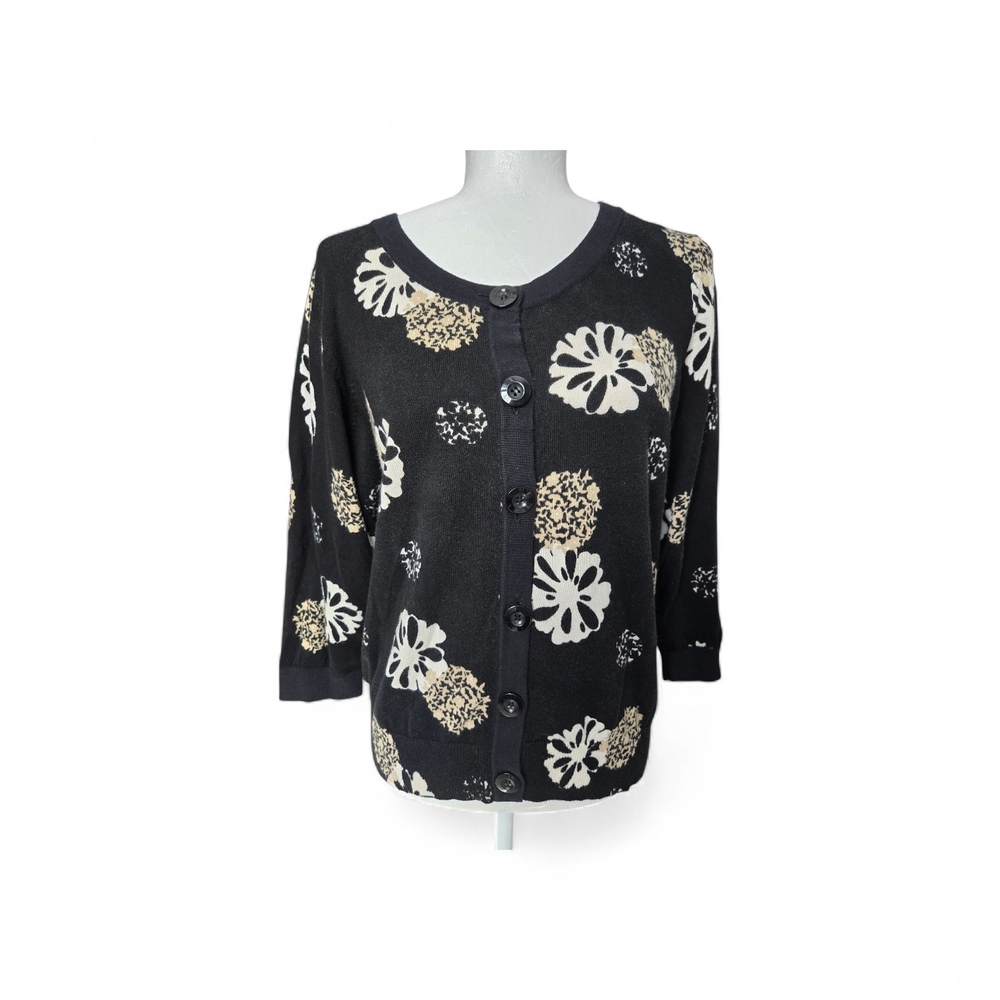 Designers Originals Floral Cardigan Sweater Black Cream Tan Size XL 3/4 Sleeve